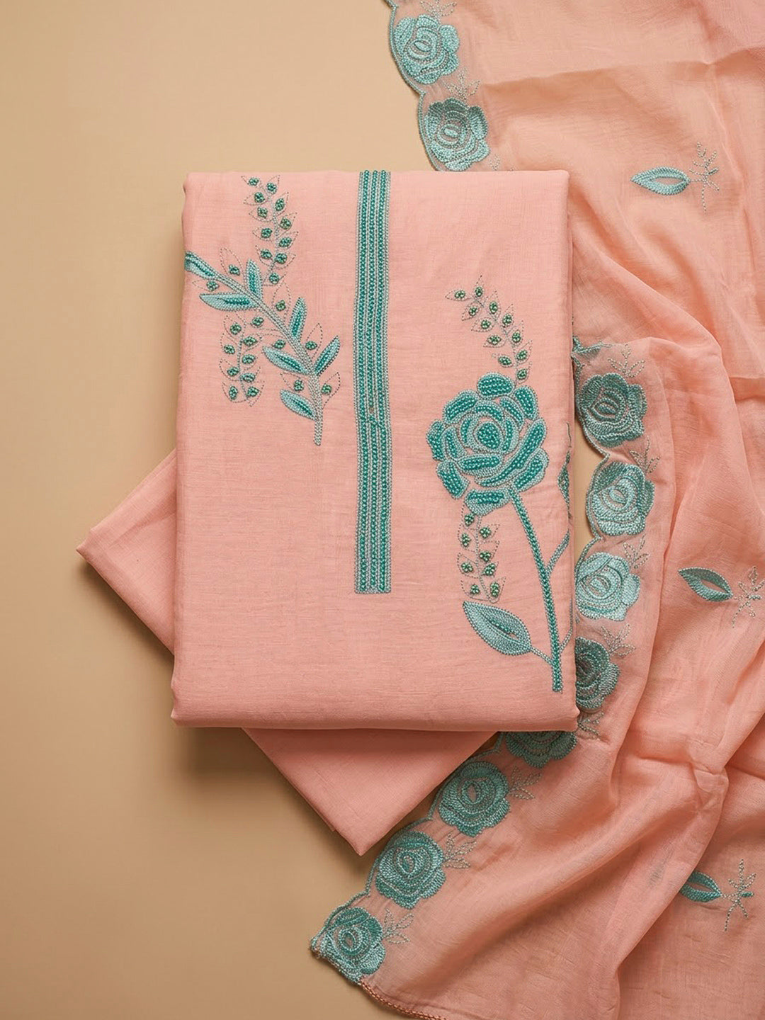Peach Chanderi Embroidered Unstitched Dress Material