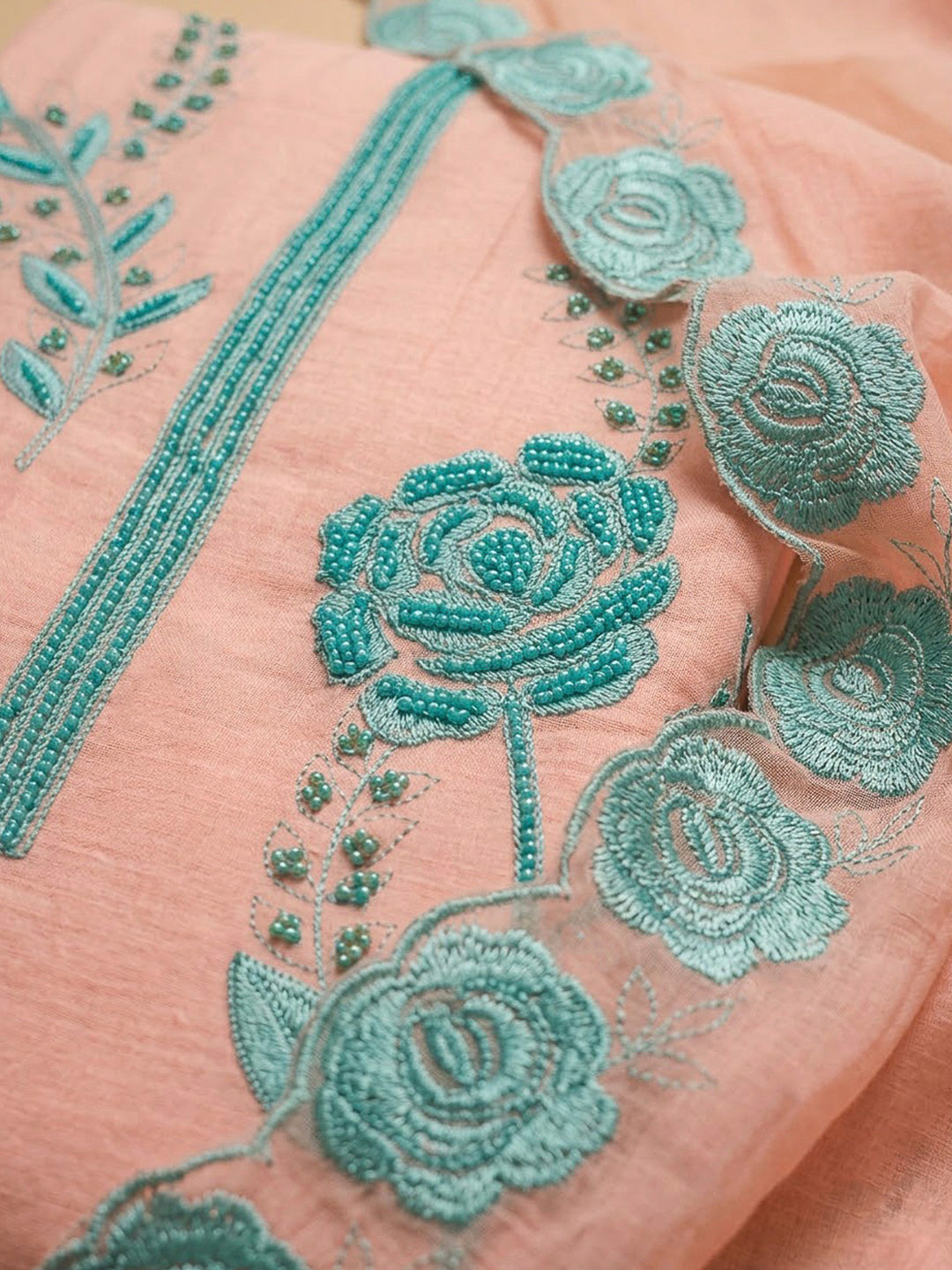 Peach Chanderi Embroidered Unstitched Dress Material