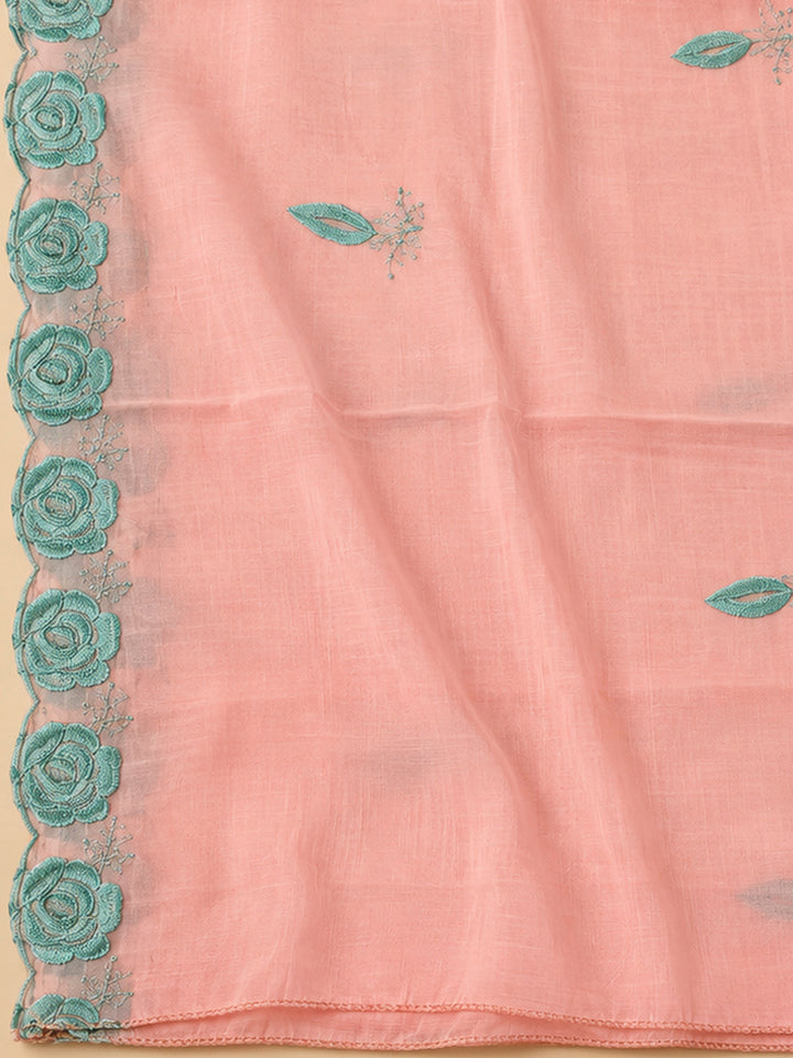 Peach Chanderi Embroidered Unstitched Dress Material