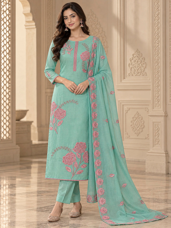 Sea Green Chanderi Embroidered Unstitched Dress Material