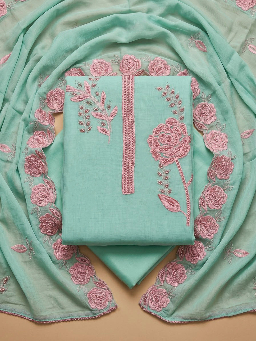 Sea Green Chanderi Embroidered Unstitched Dress Material