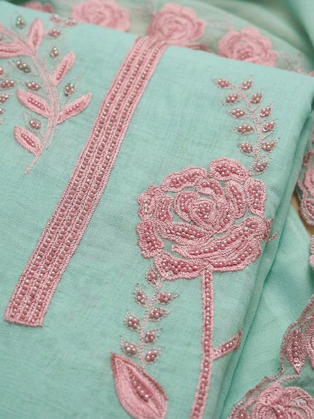 Sea Green Chanderi Embroidered Unstitched Dress Material