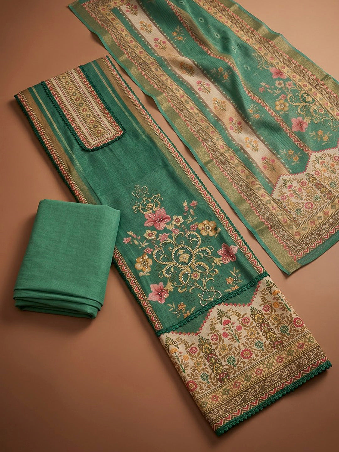 Rama Green Tissue Printed Unstitched Dress Material