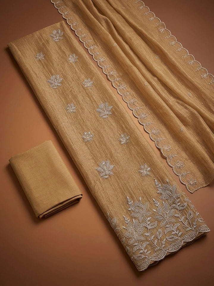 Beige Organza Embroidered Unstitched Dress Material