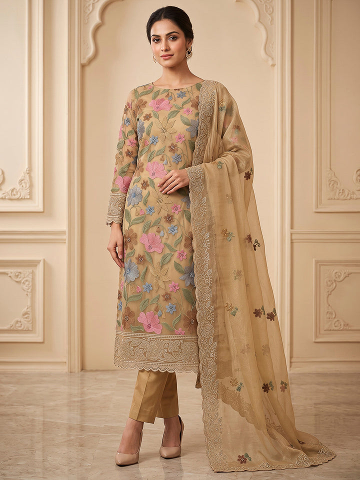 Beige Organza Printed Unstitched Dress Material