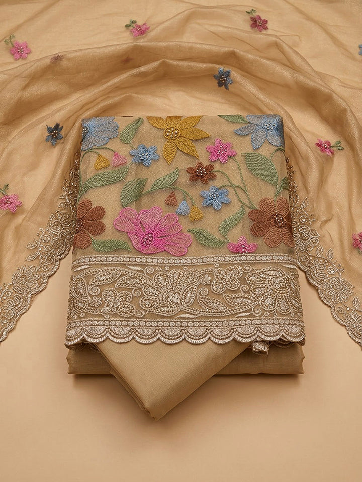 Beige Organza Printed Unstitched Dress Material