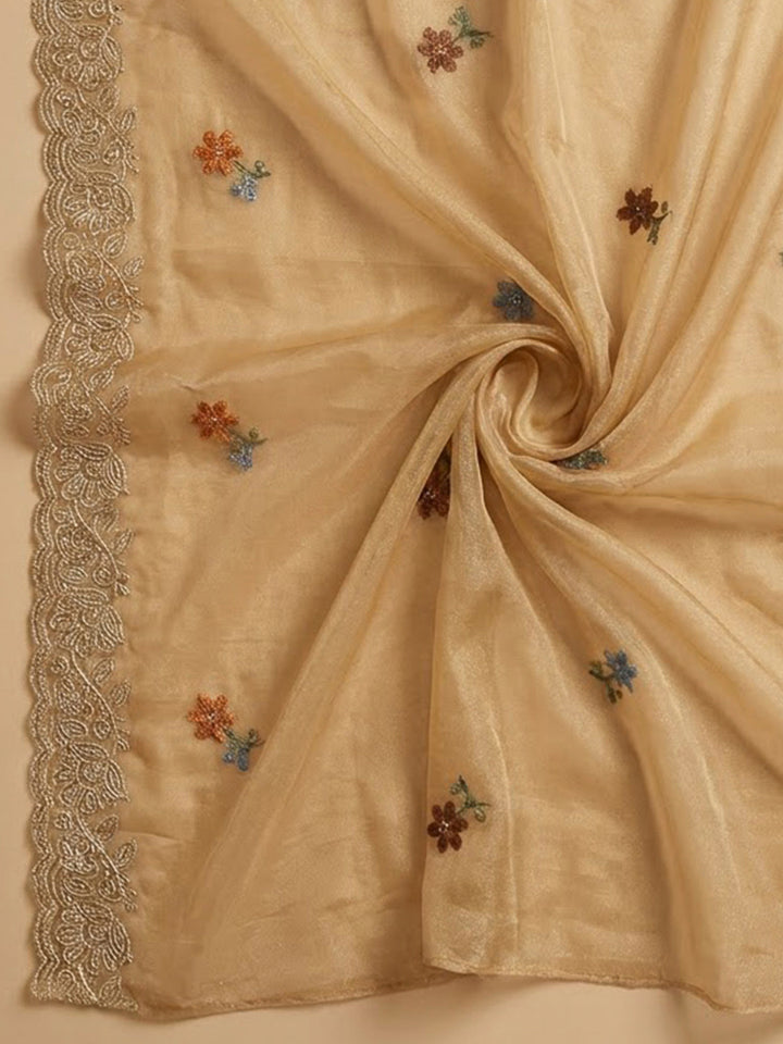 Beige Organza Printed Unstitched Dress Material