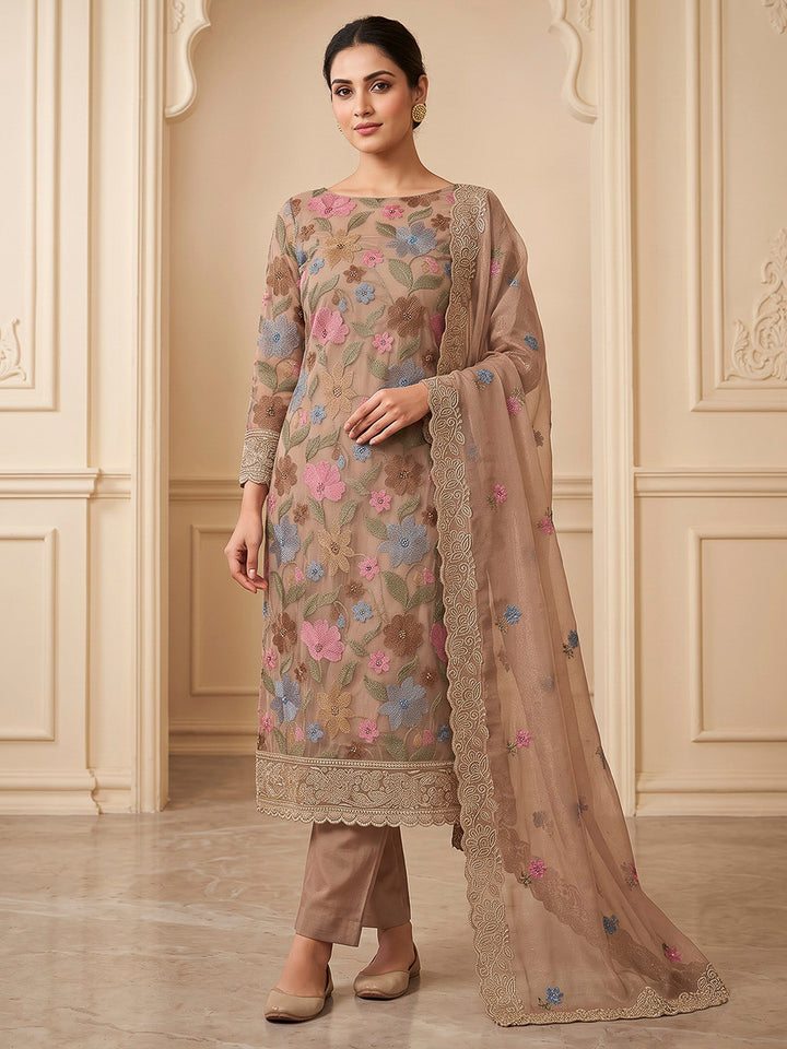 Peach Organza Printed Unstitched Dress Material