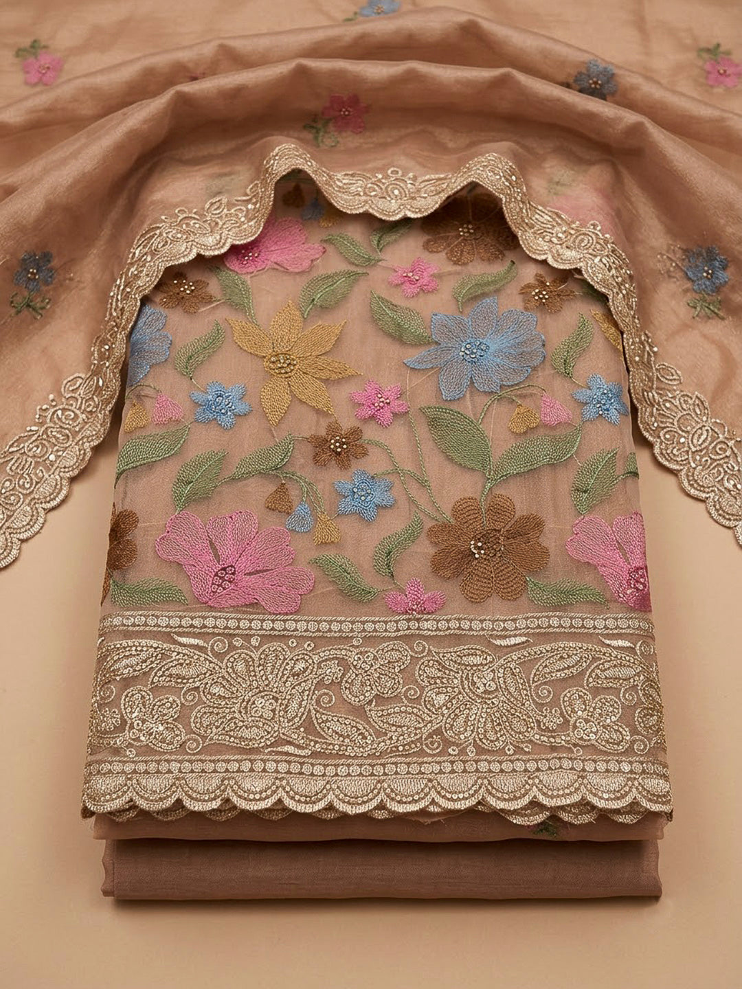 Peach Organza Printed Unstitched Dress Material
