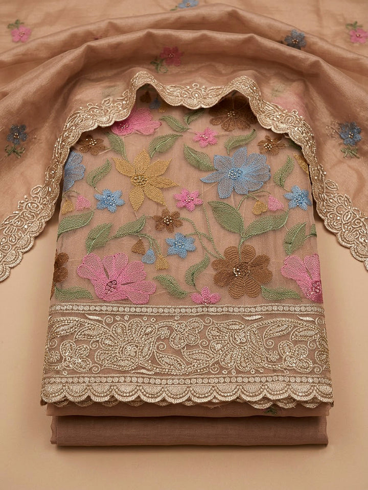 Peach Organza Printed Unstitched Dress Material