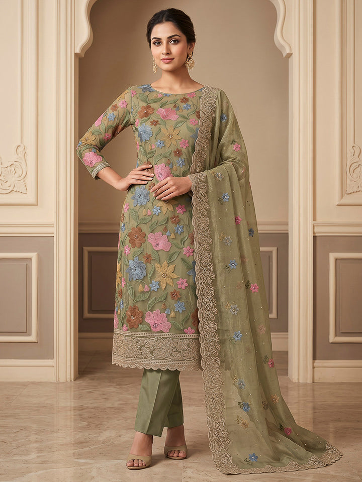 Pista Green Organza Printed Unstitched Dress Material
