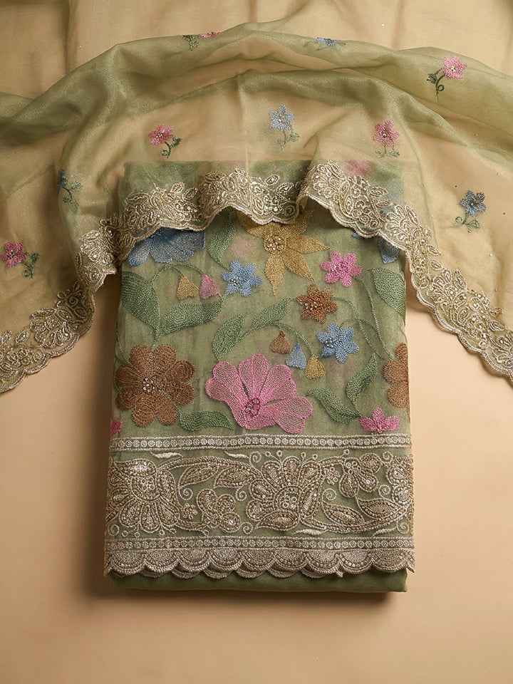 Pista Green Organza Printed Unstitched Dress Material