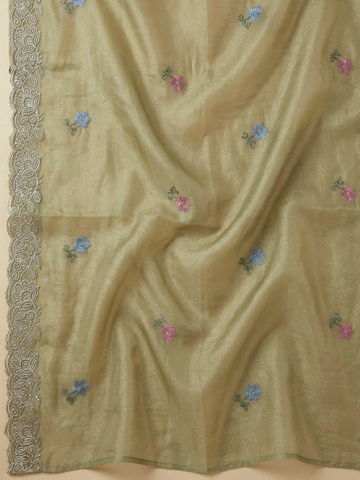 Pista Green Organza Printed Unstitched Dress Material