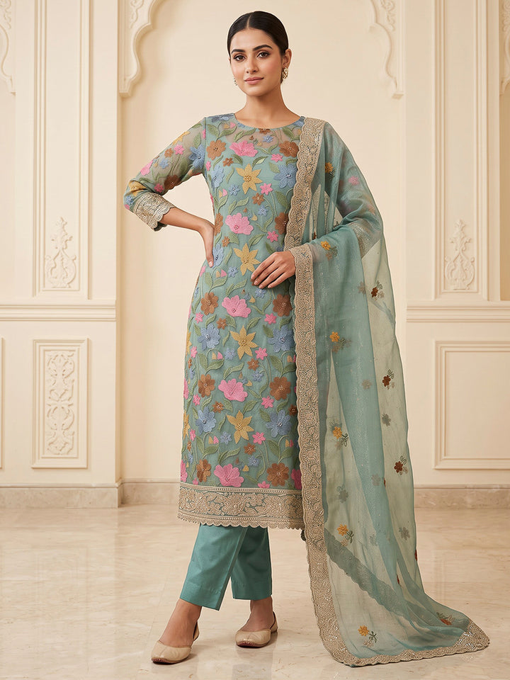 Rama Green Organza Printed Unstitched Dress Material