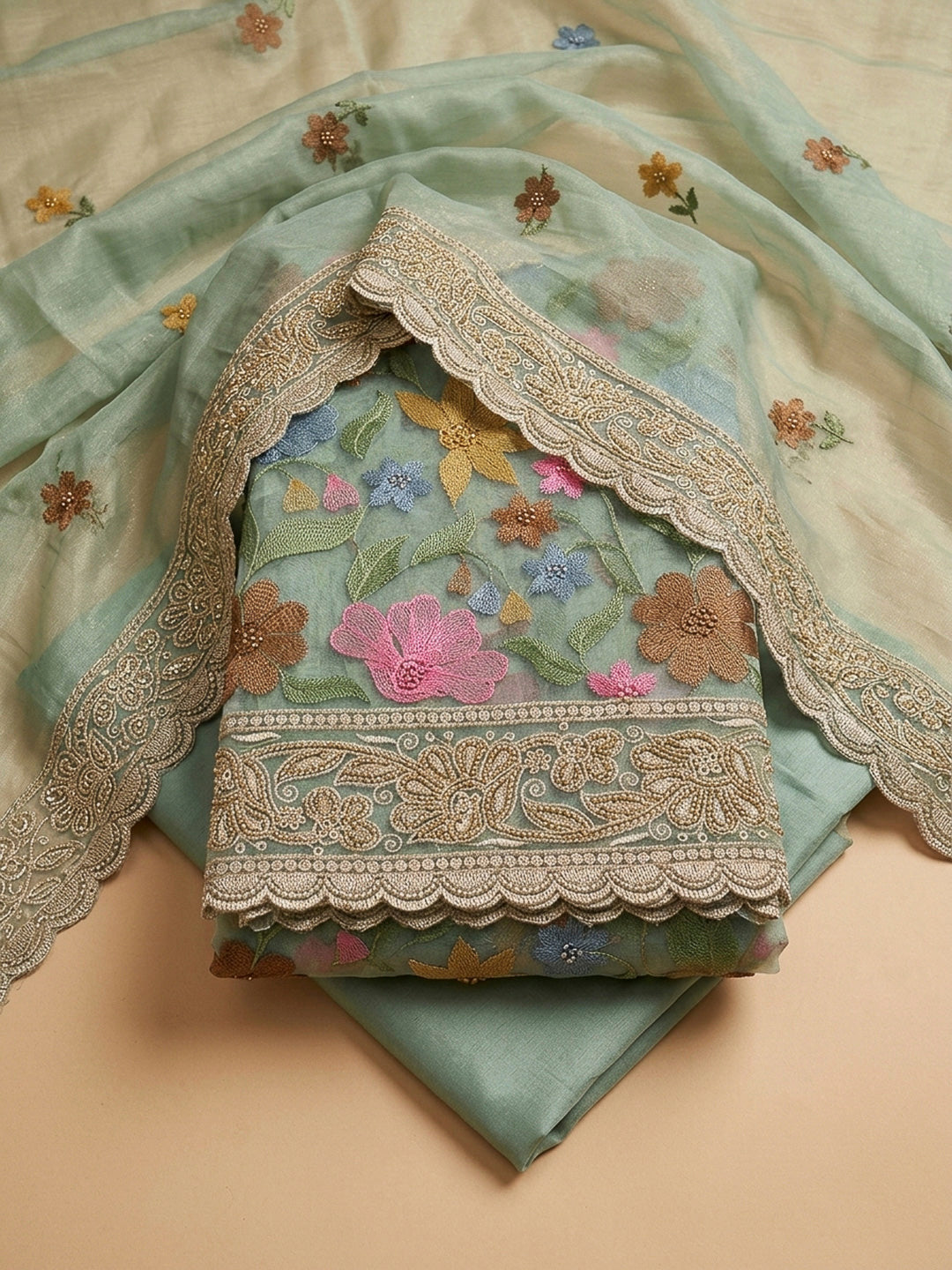 Rama Green Organza Printed Unstitched Dress Material