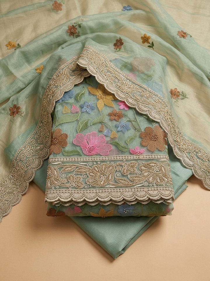 Rama Green Organza Printed Unstitched Dress Material