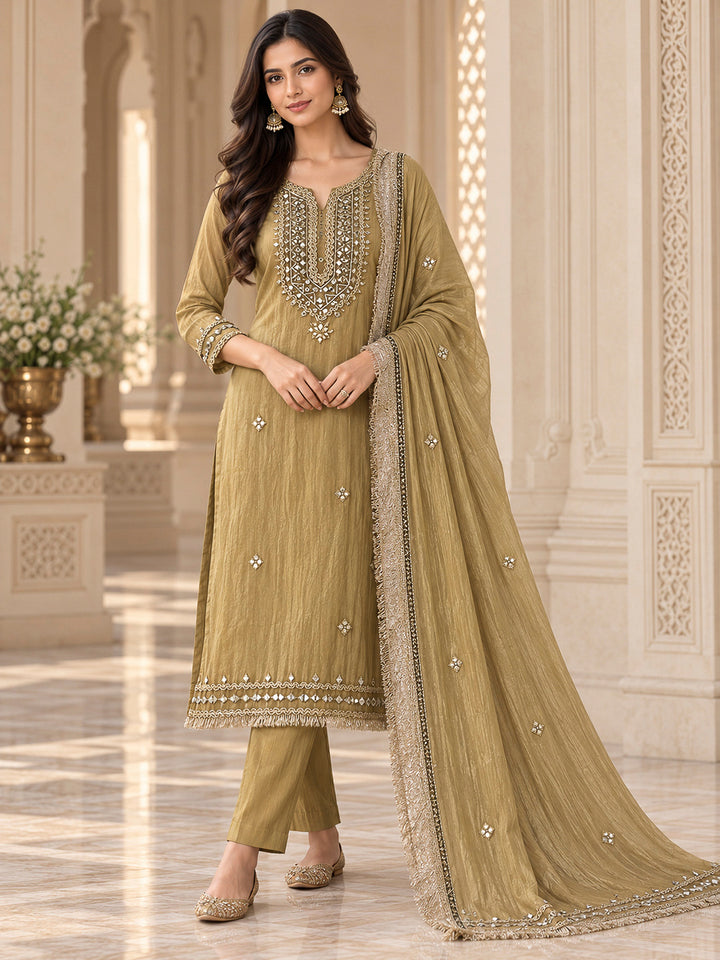 Beige Organza Embroidered Unstitched Dress Material