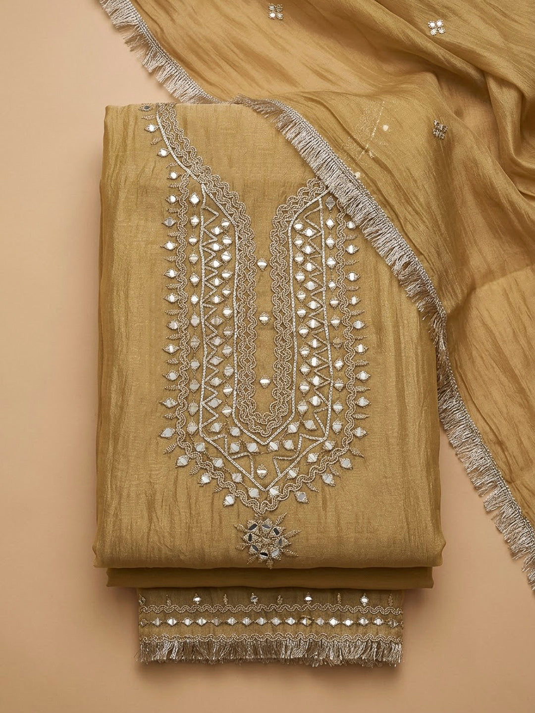 Beige Organza Embroidered Unstitched Dress Material