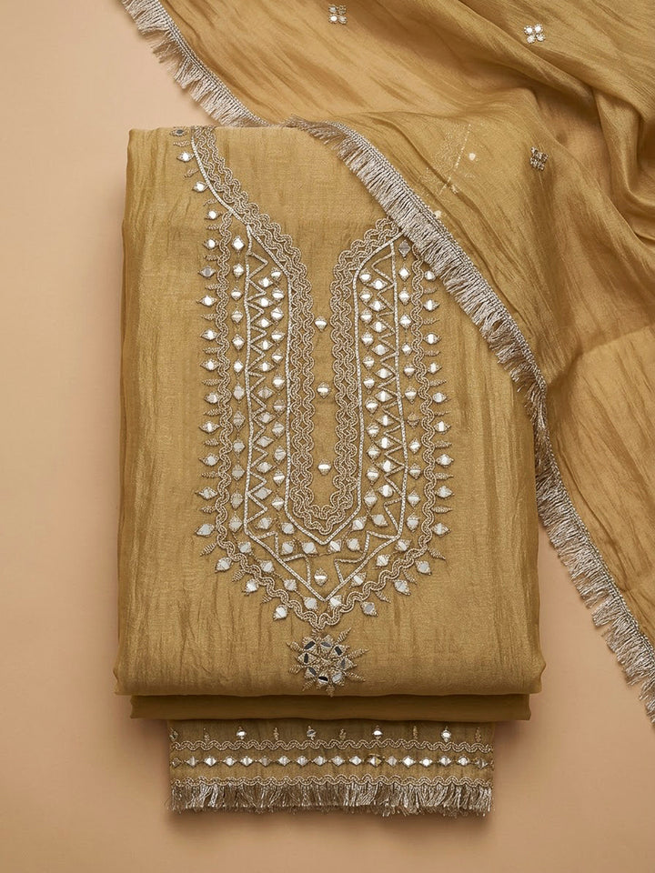 Beige Organza Embroidered Unstitched Dress Material