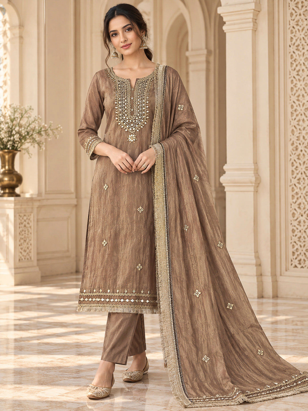 Brown Organza Embroidered Unstitched Dress Material