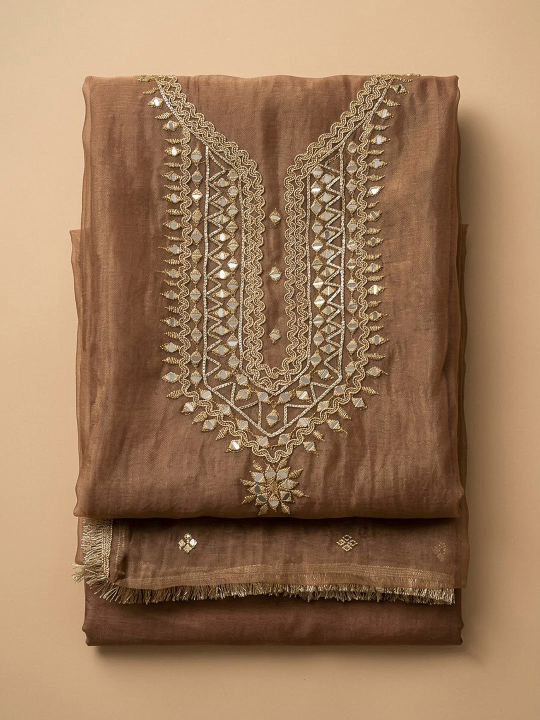Brown Organza Embroidered Unstitched Dress Material