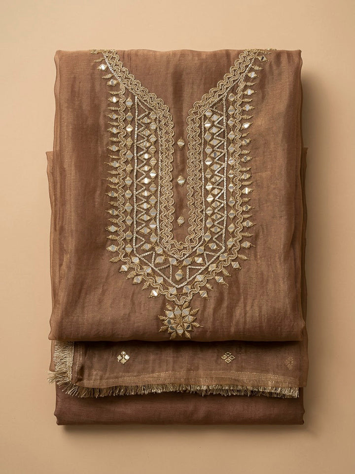 Brown Organza Embroidered Unstitched Dress Material