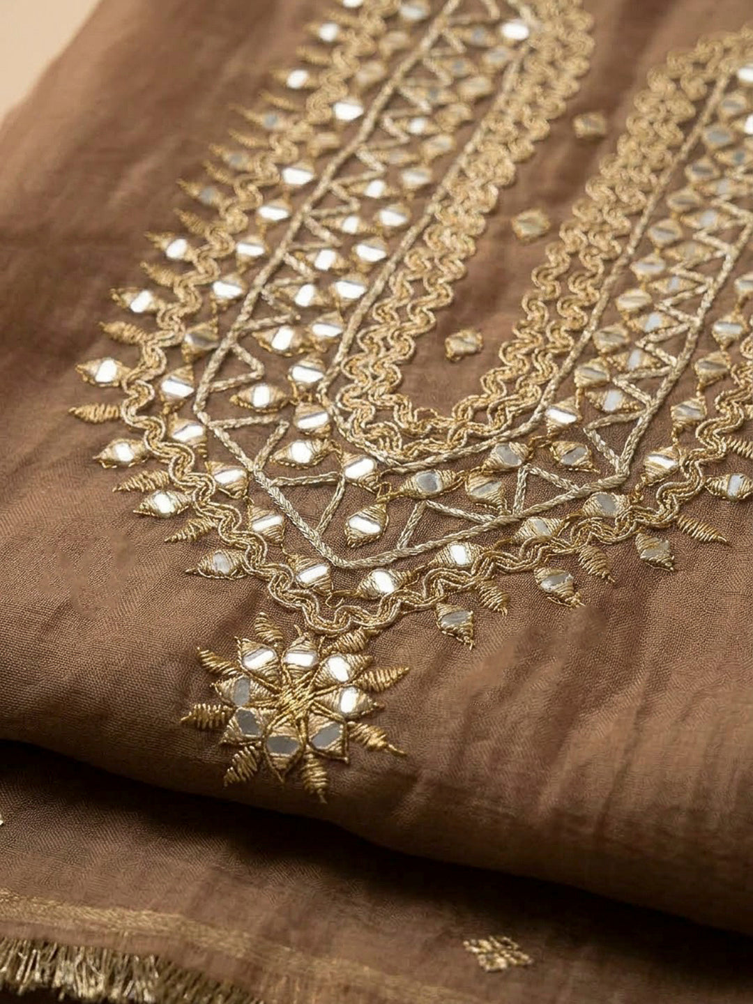 Brown Organza Embroidered Unstitched Dress Material