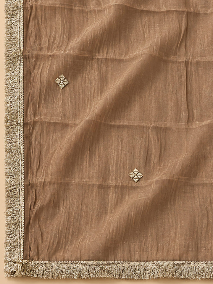 Brown Organza Embroidered Unstitched Dress Material