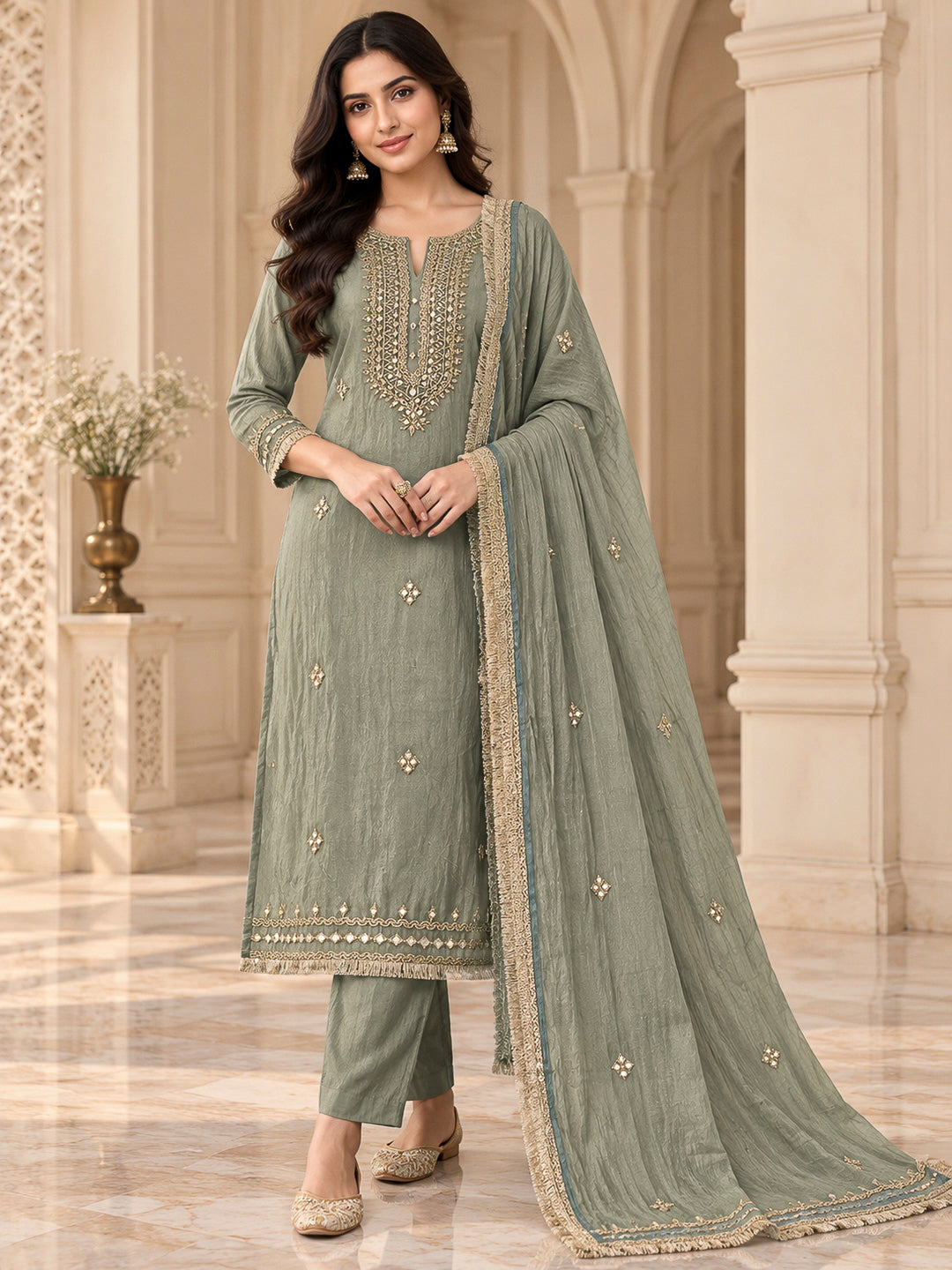 Olive Green Organza Embroidered Unstitched Dress Material
