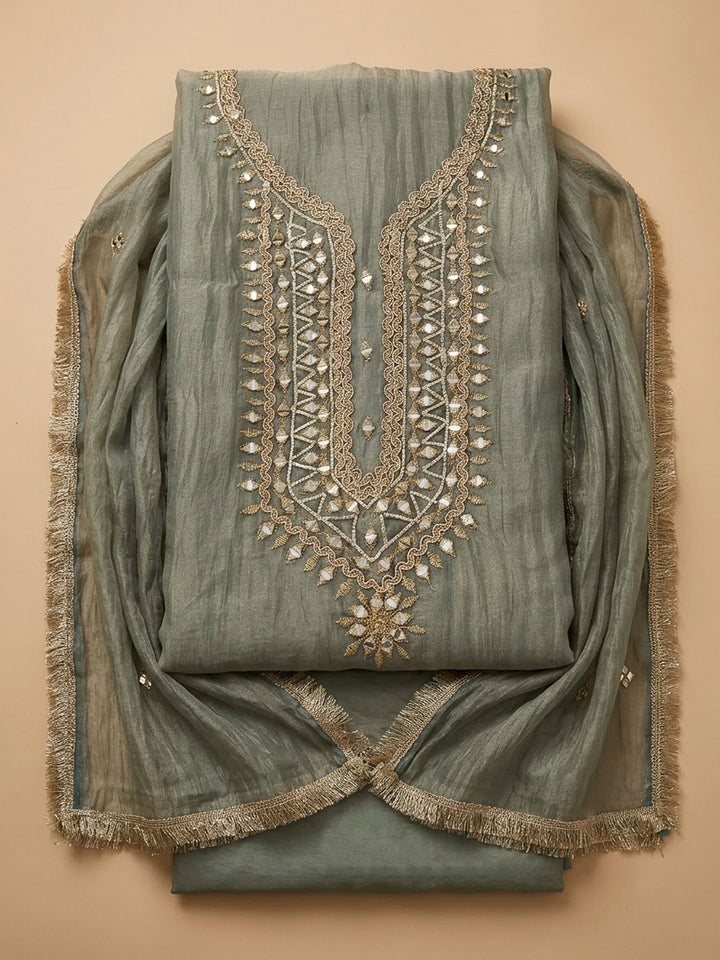 Olive Green Organza Embroidered Unstitched Dress Material