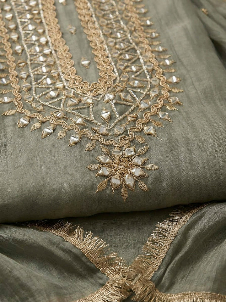 Olive Green Organza Embroidered Unstitched Dress Material