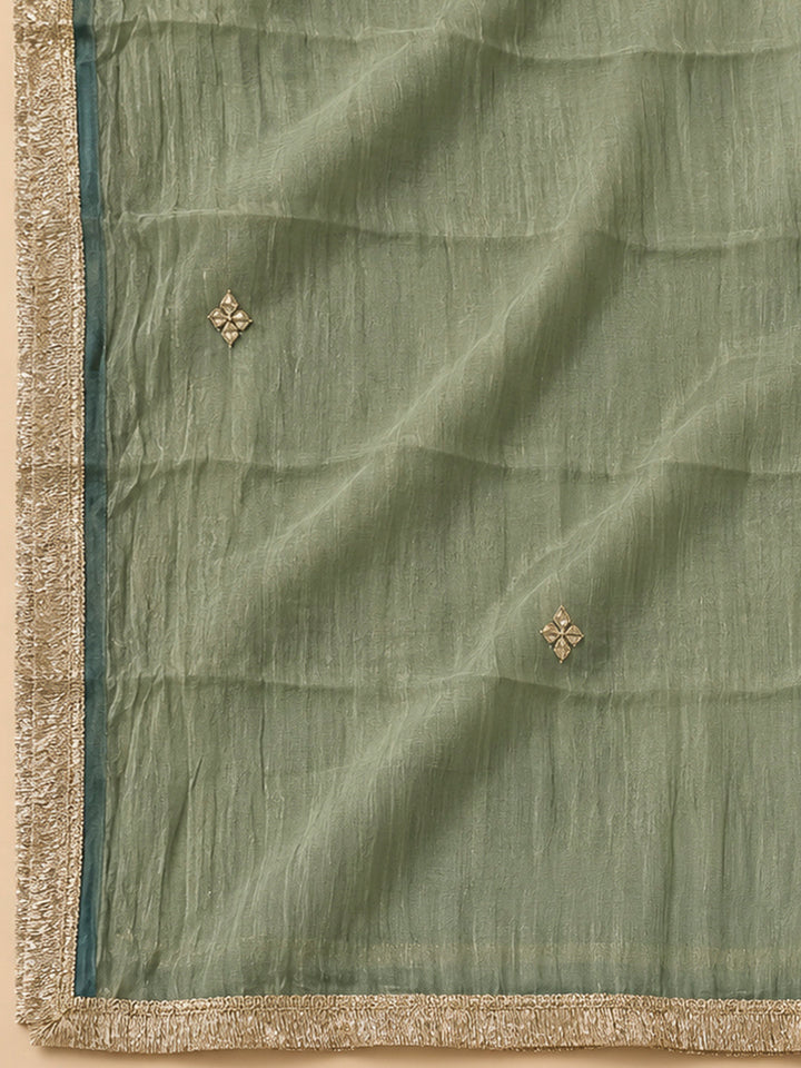 Olive Green Organza Embroidered Unstitched Dress Material