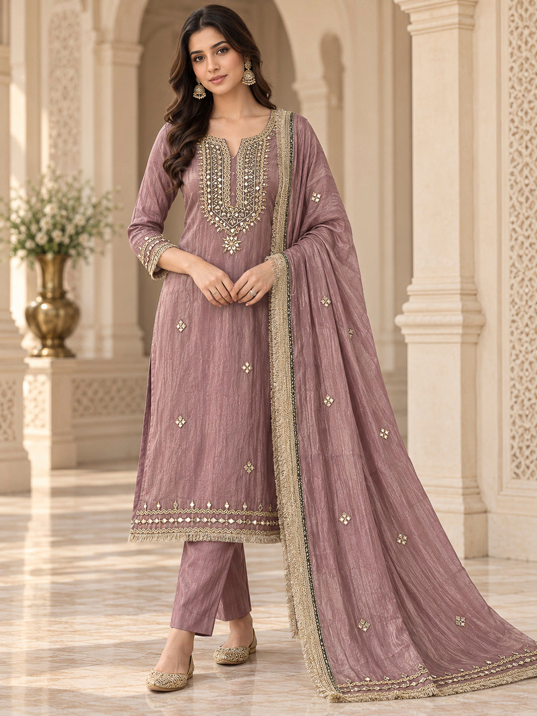 Onion Pink Organza Embroidered Unstitched Dress Material