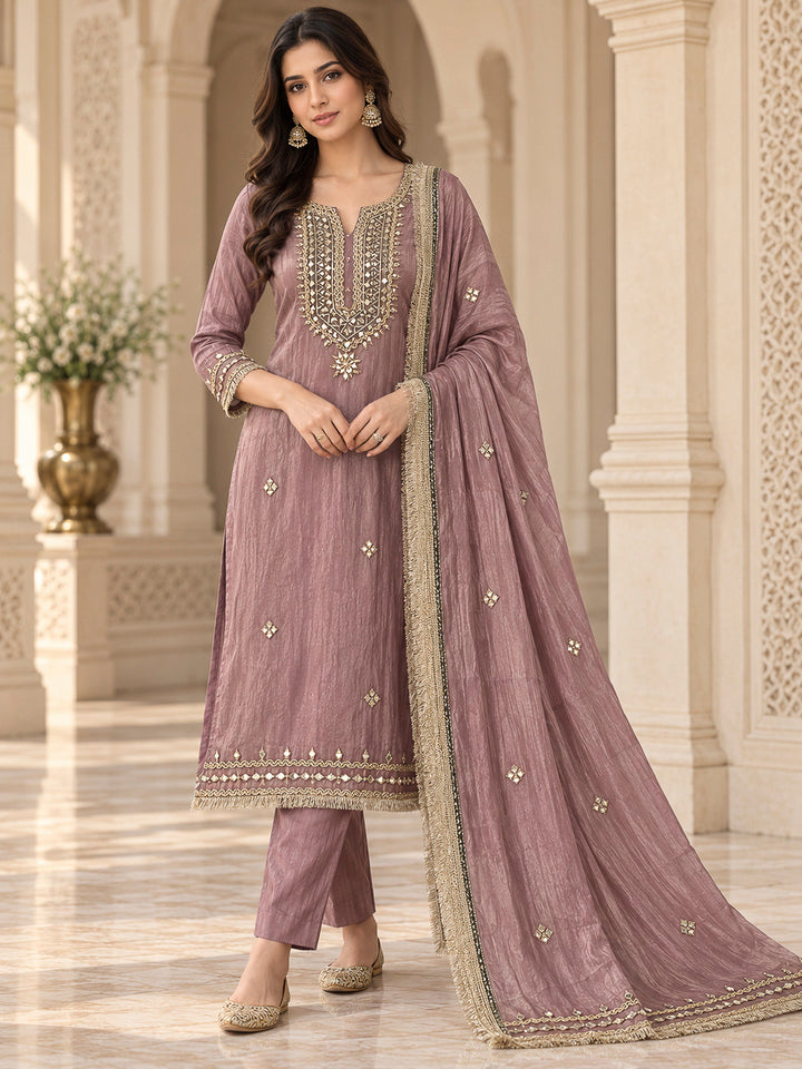 Onion Pink Organza Embroidered Unstitched Dress Material
