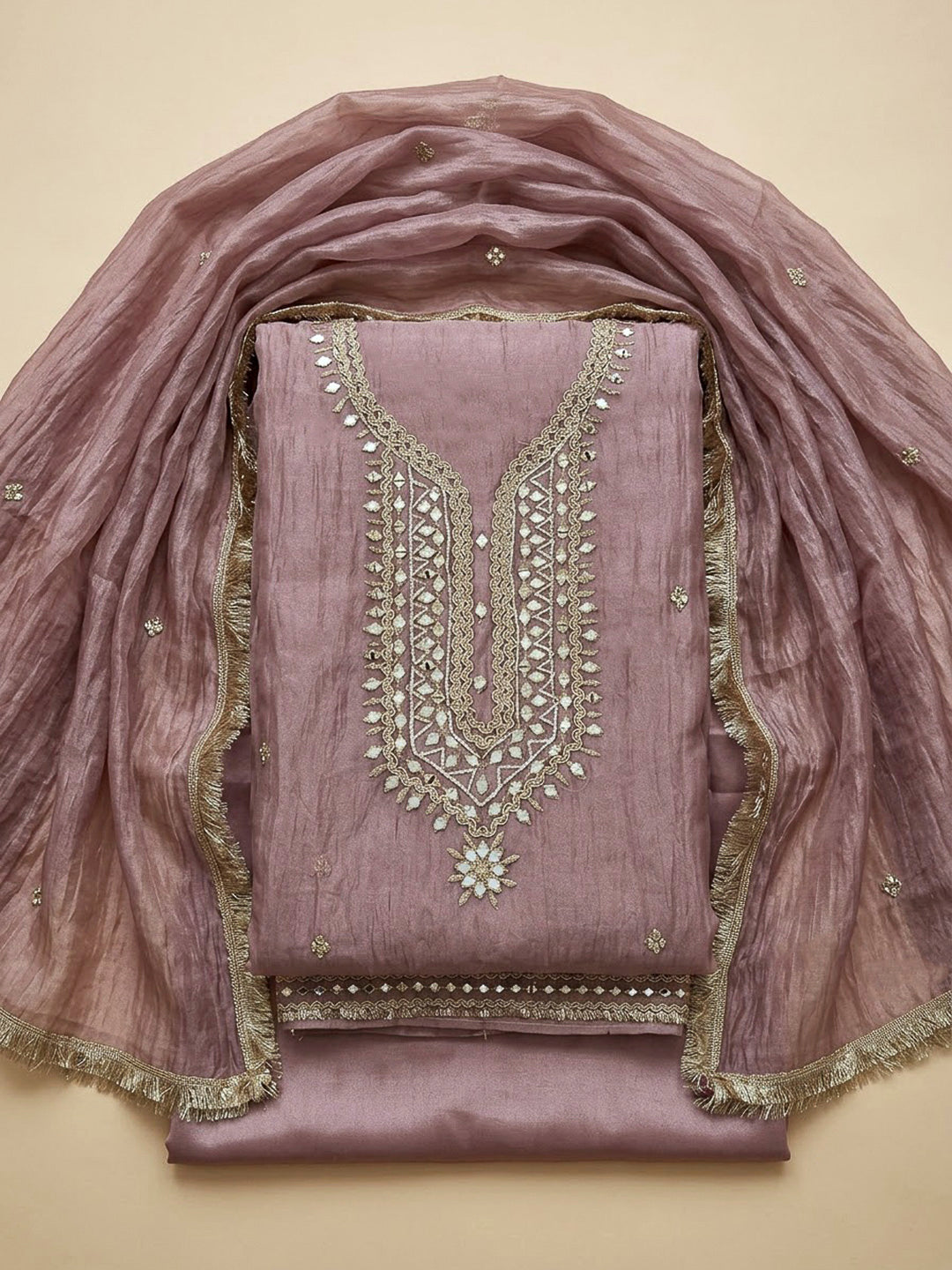 Onion Pink Organza Embroidered Unstitched Dress Material