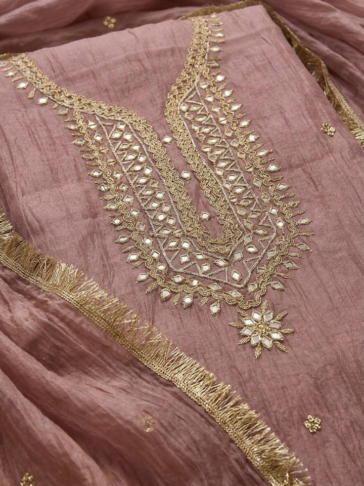 Onion Pink Organza Embroidered Unstitched Dress Material