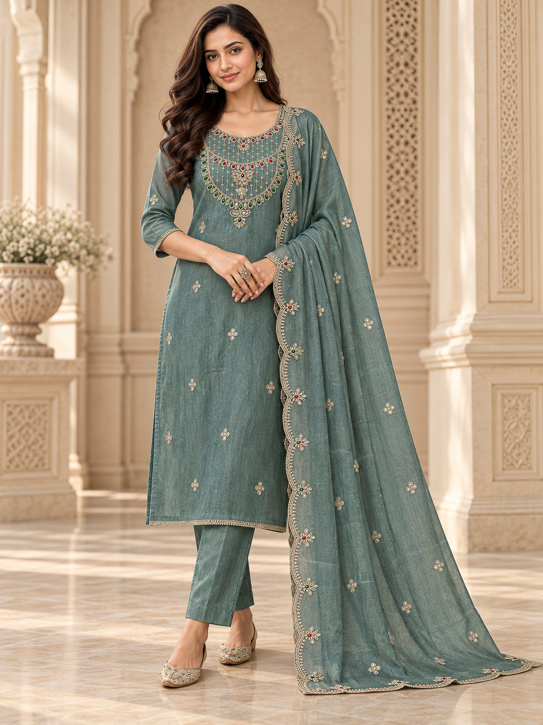 Blue Organza Embroidered Unstitched Dress Material