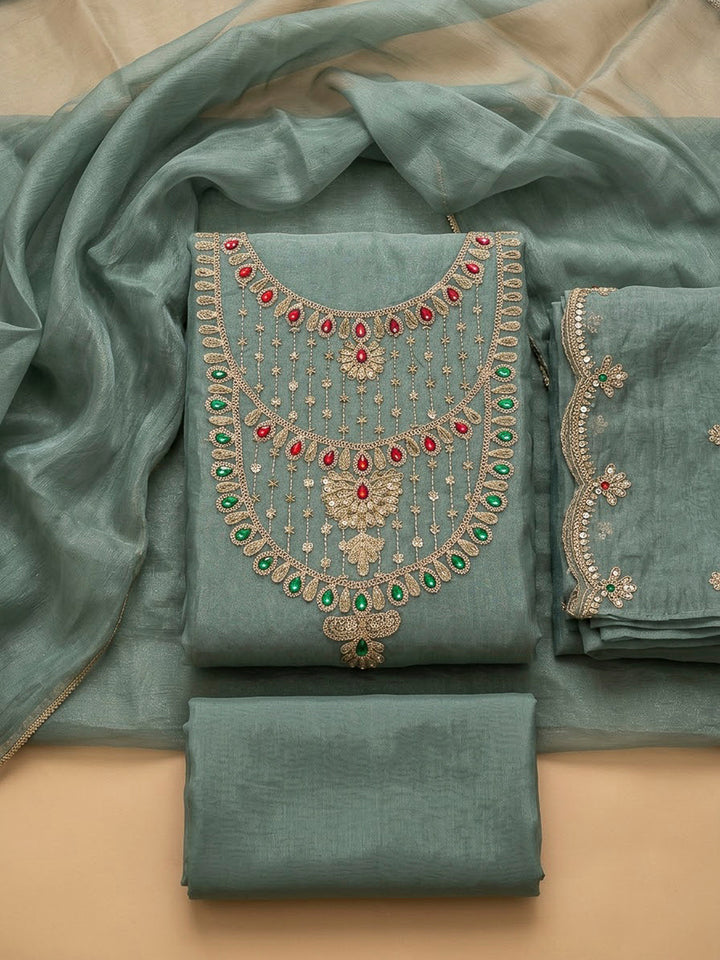 Blue Organza Embroidered Unstitched Dress Material