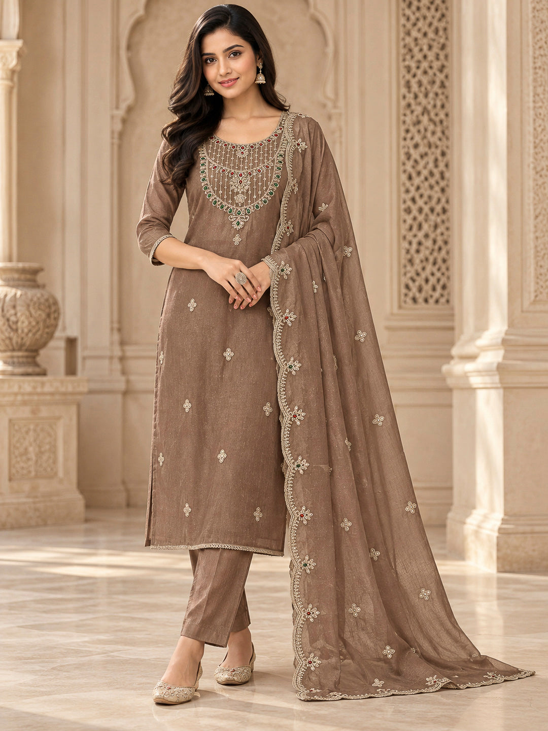 Brown Organza Embroidered Unstitched Dress Material