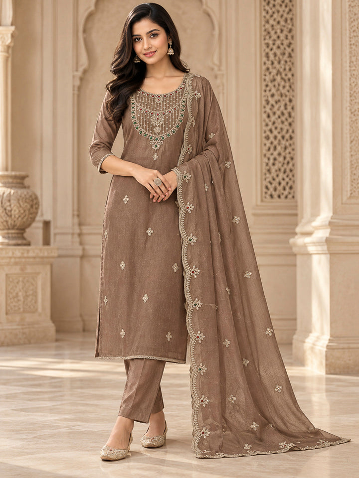 Brown Organza Embroidered Unstitched Dress Material