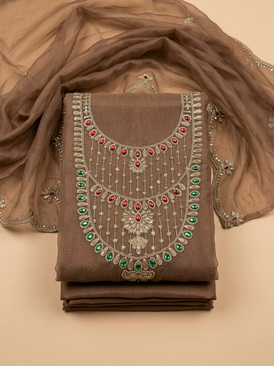 Brown Organza Embroidered Unstitched Dress Material