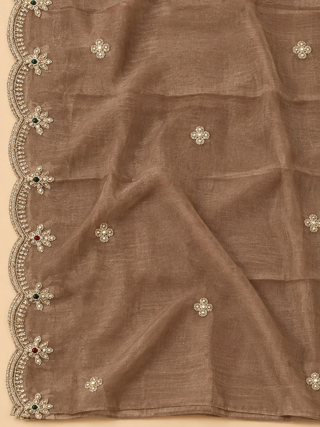Brown Organza Embroidered Unstitched Dress Material