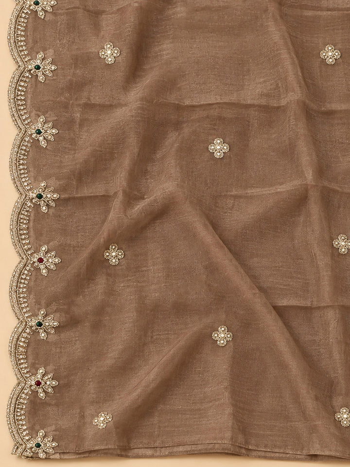 Brown Organza Embroidered Unstitched Dress Material