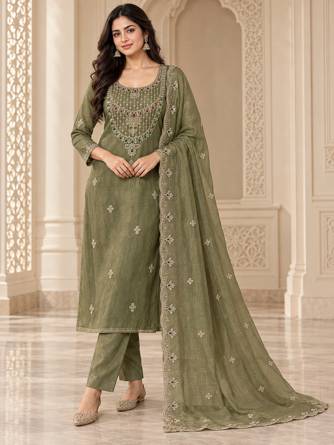 Pista Green Organza Embroidered Unstitched Dress Material