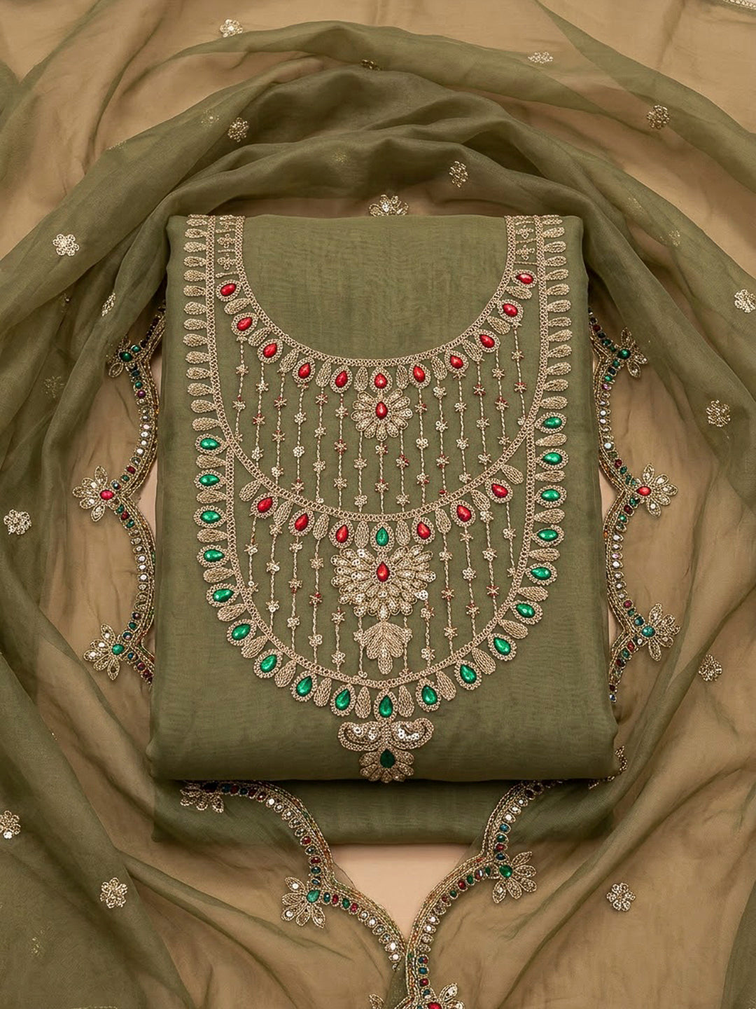 Pista Green Organza Embroidered Unstitched Dress Material
