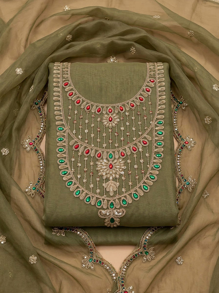 Pista Green Organza Embroidered Unstitched Dress Material