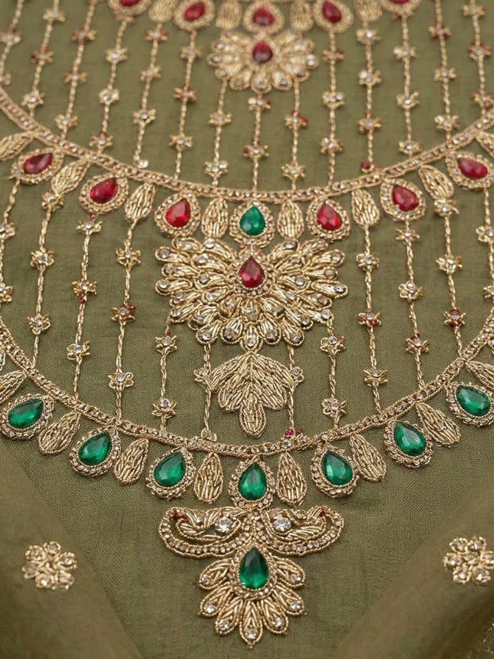 Pista Green Organza Embroidered Unstitched Dress Material