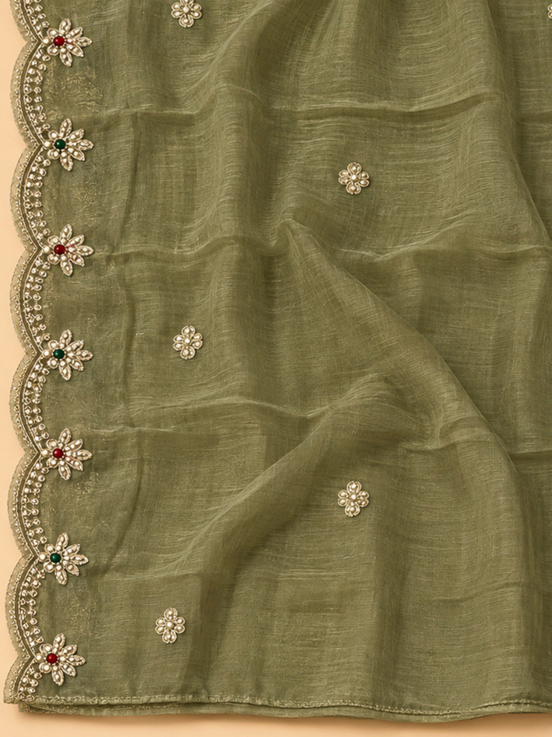 Pista Green Organza Embroidered Unstitched Dress Material
