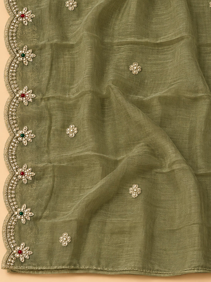 Pista Green Organza Embroidered Unstitched Dress Material