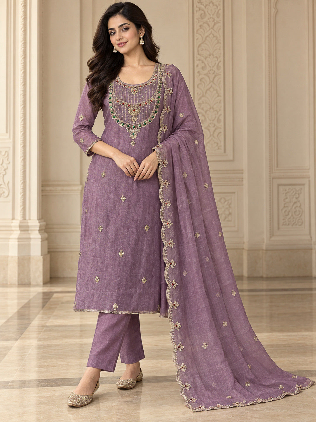 Purple Organza Embroidered Unstitched Dress Material